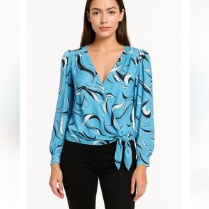 INC Blue Black White Abstract Crisscross Tie Hem Blouse – Size XL